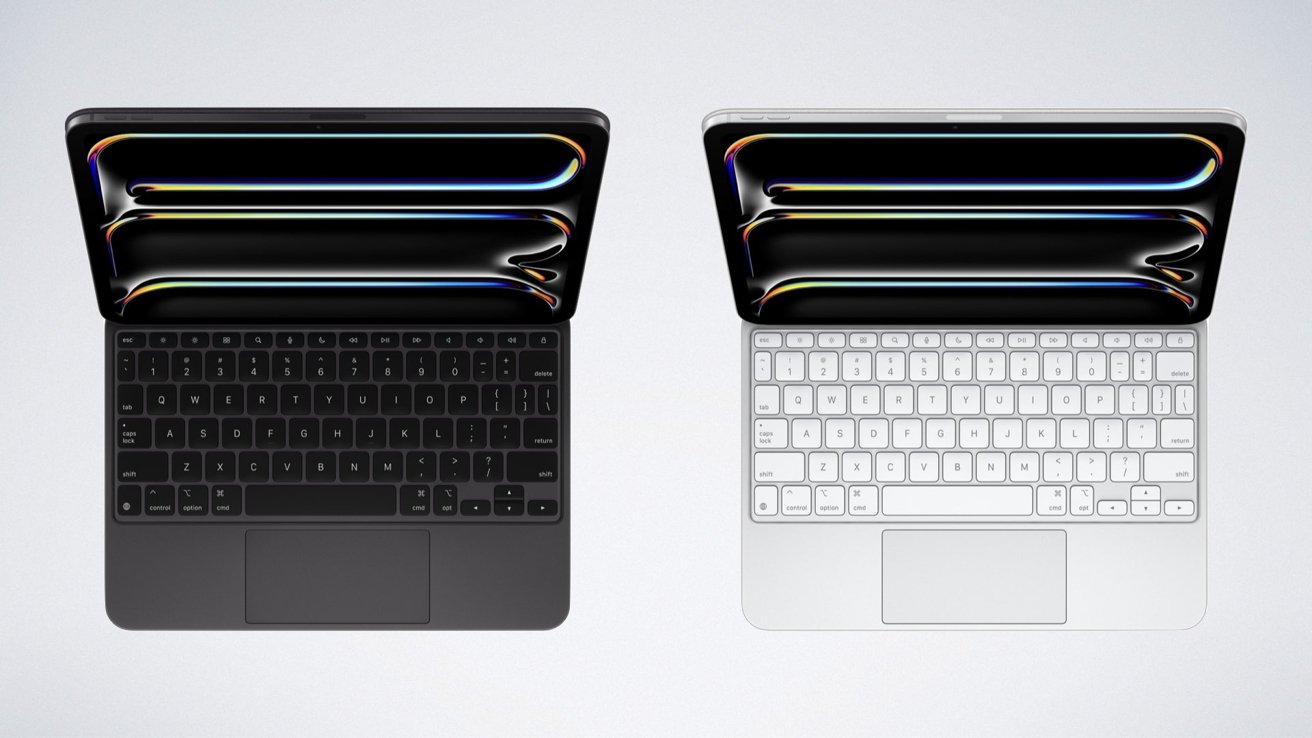 Dva iPady s pouzdry Magic Keyboard;  jeden v černém, druhý v bílém.