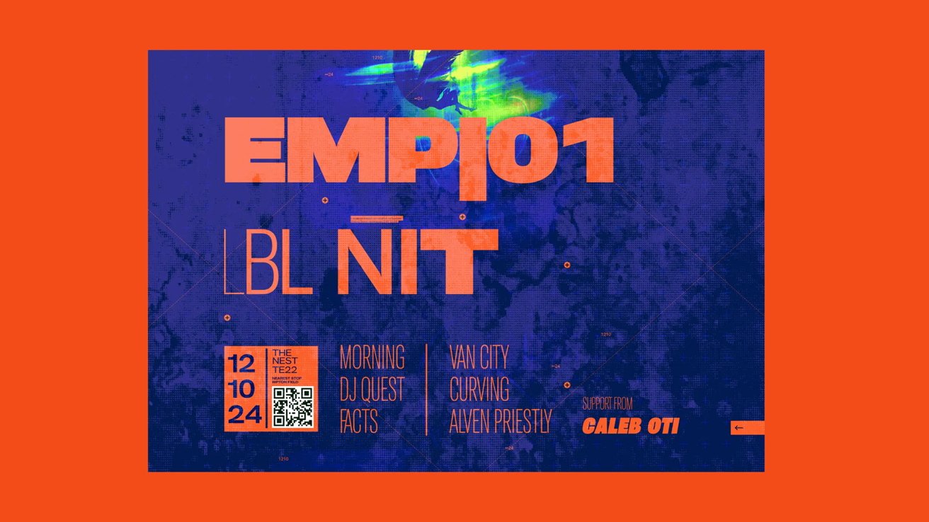 Plakát události v modré a oranžové barvě, text obsahuje EMP101, LBL NIT, 24. října, DJ Quest, Van City, Caleb Oti, QR kód a další podrobnosti.