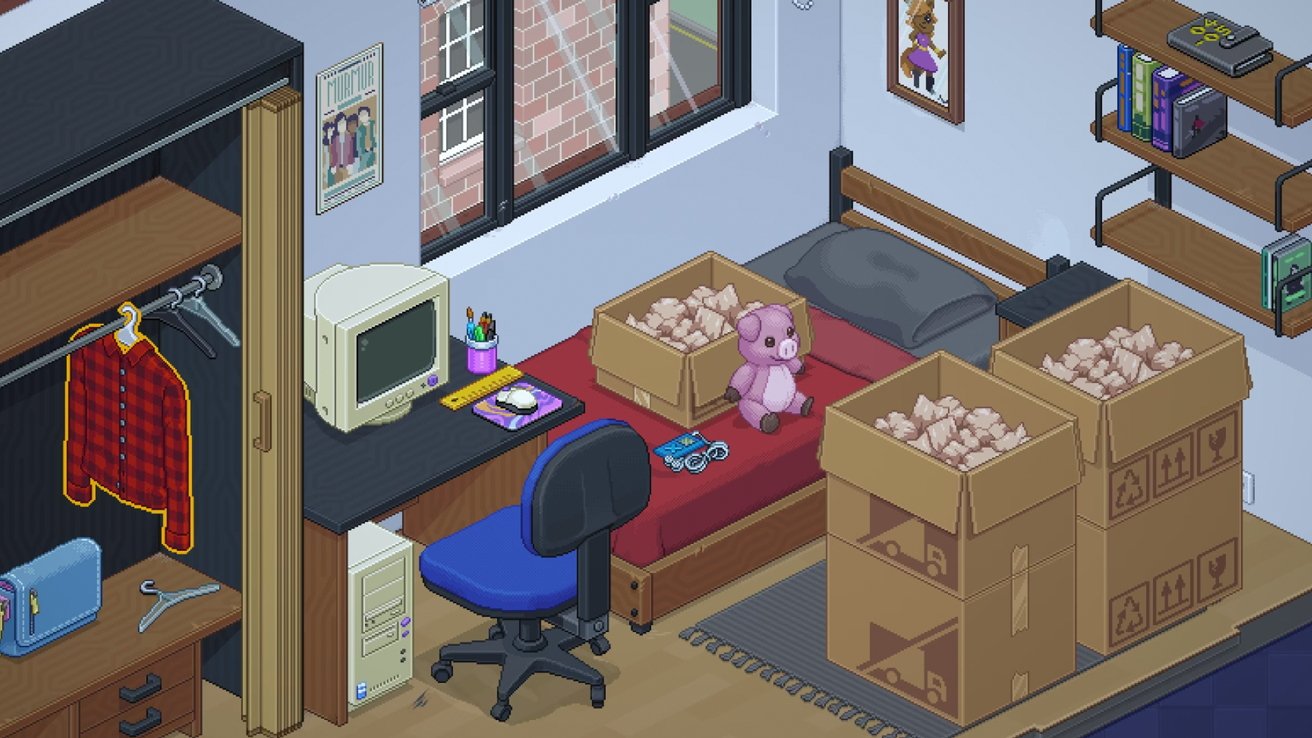 Pixelartová ložnice zobrazující zabalené krabice, růžovou plyšovou hračku, počítač na stole, červenou kostkovanou košili ve skříni a police s knihami a herní konzoli.