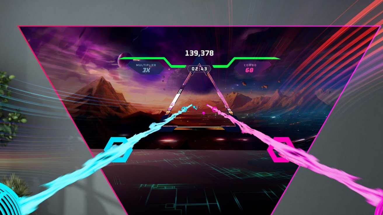 Hra pro virtuální realitu s modrými a růžovými stezkami, zasazená do futuristické horské krajiny, ukazuje skóre 139 378, s násobitelem 3x a kombinací 68.