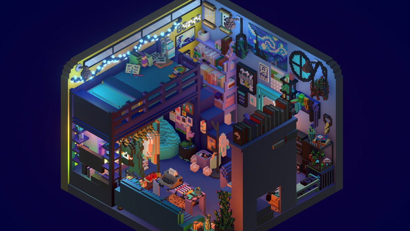 Útulný a barevný pixel art pokoj s patrovou postelí, policemi na knihy, rostlinami a různými dekoracemi, osvětlený řetězovými světly.