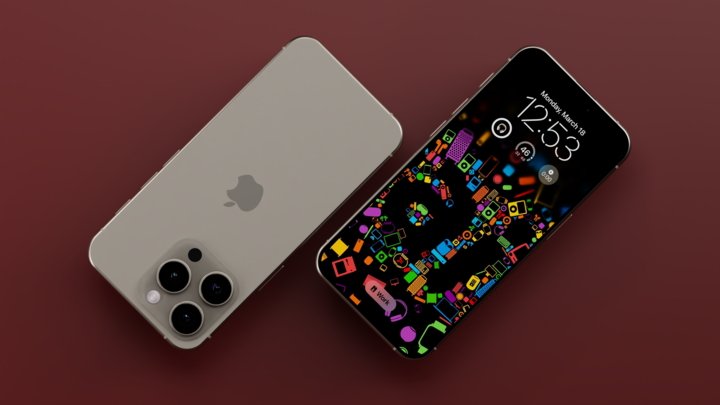 Dva moderní smartphony na červeném povrchu, jeden ukazuje zadní stranu s trojitým fotoaparátem, druhý zobrazuje barevnou zamykací obrazovku s časem a datem.