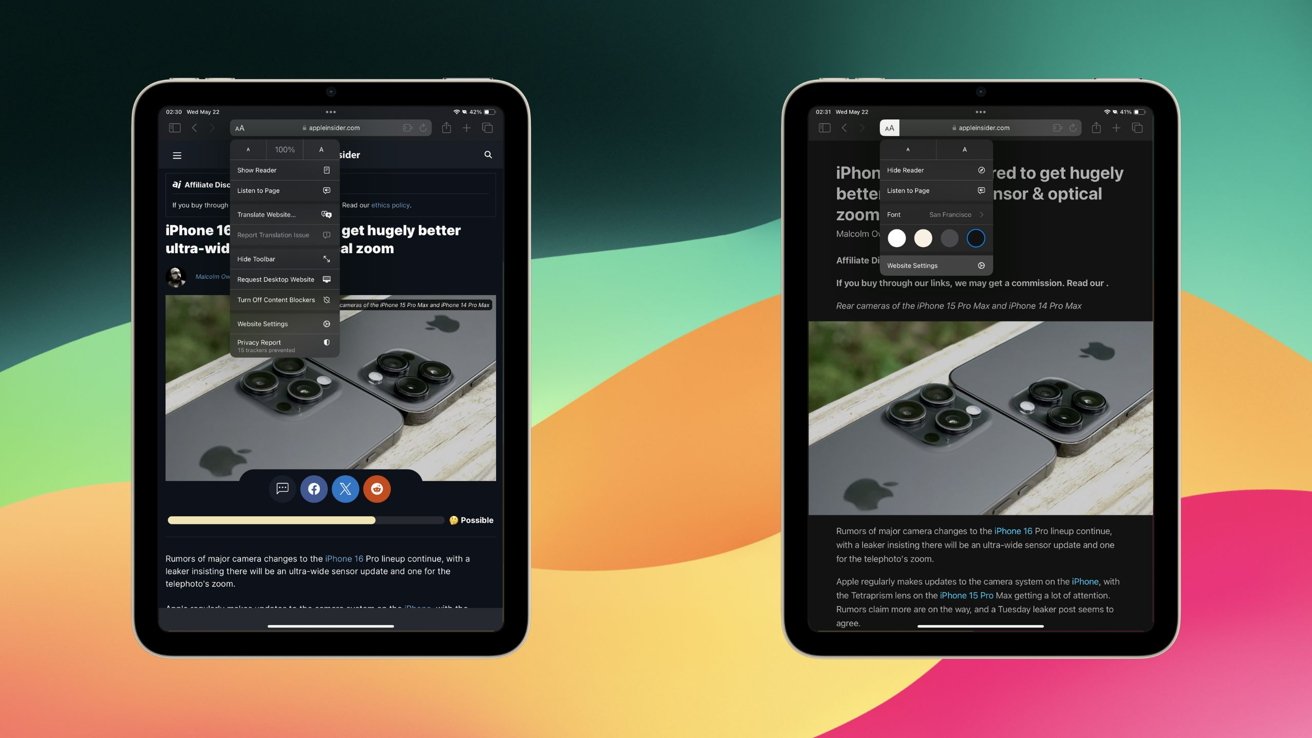 Dva iPady, z nichž každý zobrazuje různé nabídky související s režimem čtečky v Safari na stránce AppleInsider
