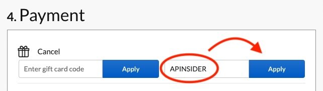 Pole propagačního kódu Adorama s tlačítkem Použít, kód 'APINSIDER' zvýrazněný červenou šipkou, která na něj ukazuje.