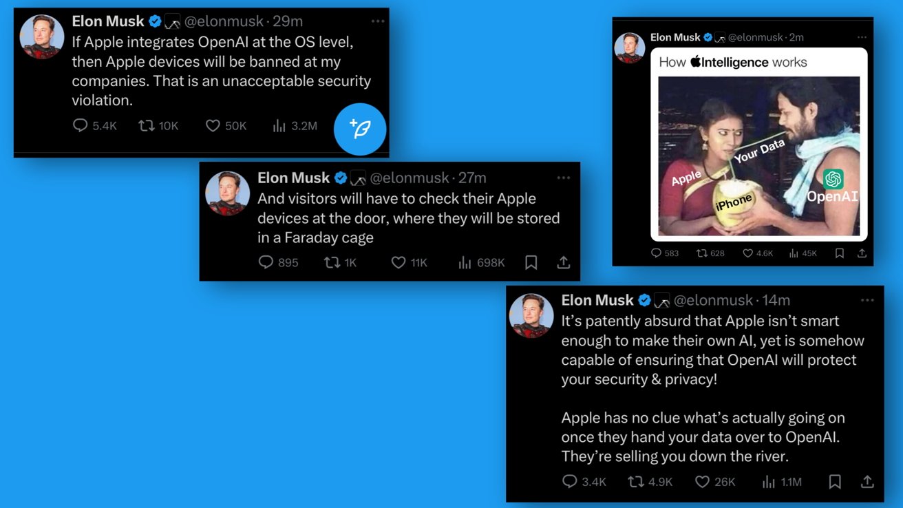 Série screenshotů příspěvků od Elona Muska na X